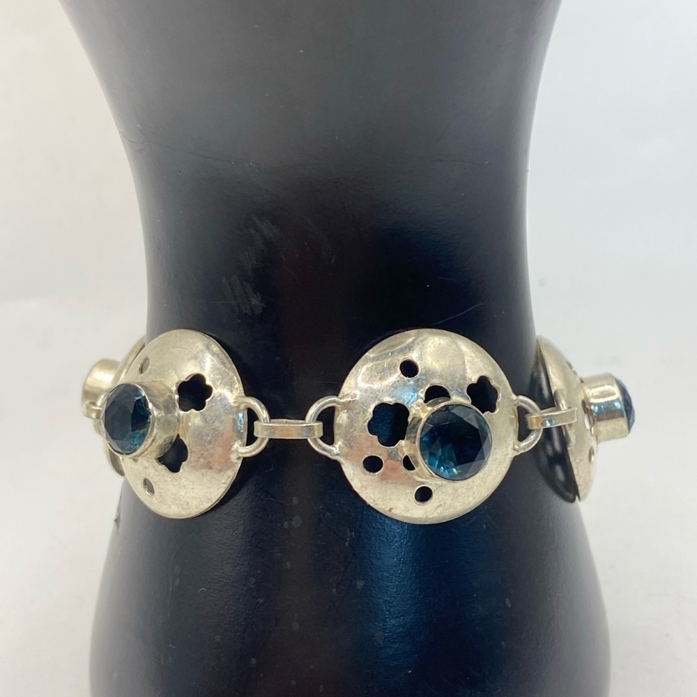 Vintage Disc Bracelet with Blue Rhinestone Stones 925 Sterling Silver - Picture 8 of 9
